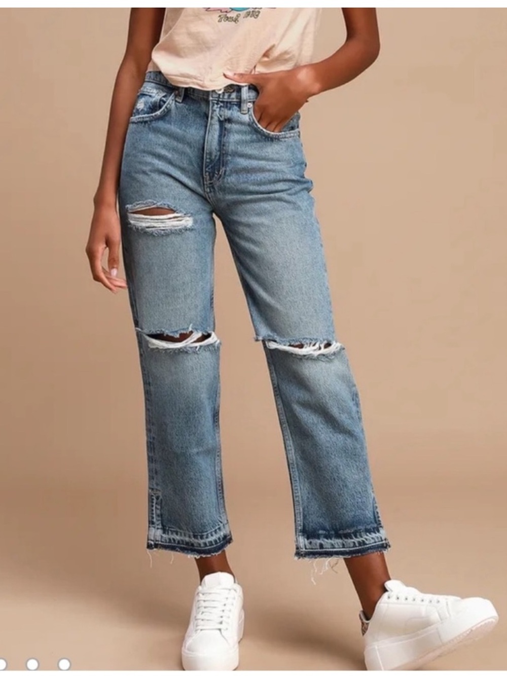 Free People LITA Light Wash Distressed High-Waisted Straight Leg Jeans size 26